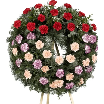 Věnec Smuteční věnec karafiáty červené-lososové-fialové 40 květů