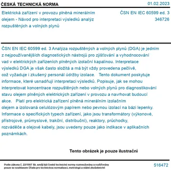 ČSN EN IEC 60599 ed. 3 - Elektrická zařízení v provozu plněná minerálním olejem - Návod pro interpretaci výsledků analýz rozpuštěných a volných plynů - Tisk