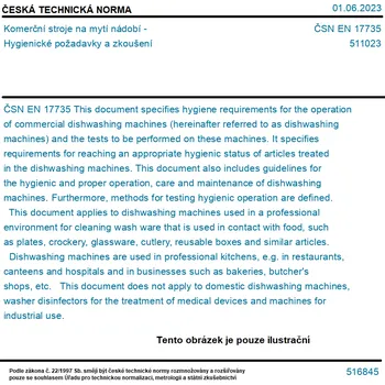 ČSN EN 17735 - Komerční stroje na mytí nádobí - Hygienické požadavky a zkoušení - Tisk