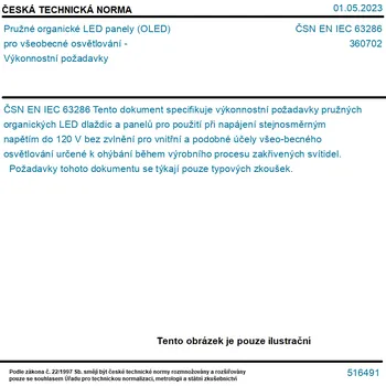 LED panel ČSN EN IEC 63286 - Pružné organické LED panely (OLED) pro všeobecné osvětlování - Výkonnostní požadavky - Tisk