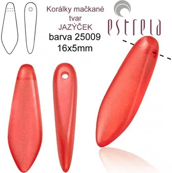 Korálek Korálky mačkané tvar JAZÝČEK. Velikost 16x5mm. Barva voskovaná ČERVENÁ 25009. Balení 20Ks.