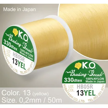 Nit Nylonová nit značky K.O. Barva č. 13 yellow. Materiál 330DTEX (0,2mm). Balení 50m.