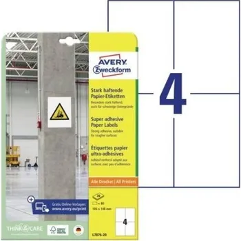 Samolepící etiketa Etikety Avery L7876-20, vysoká lepivost, 105x148 mm, 20 l.