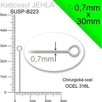 Materiál na výrobu šperku Ketlovací JEHLA CHIRURGICKÁ OCEL ozn.-SUSP-B223. velikost 30mm tl.0,7mm.
