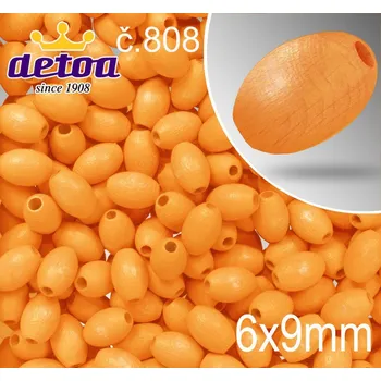 Dětské navlékací korálky Korálky dřevěné velikost 1177 pr.6x9mm.Barva 808 oranžová. Balení 30 kusů v sáčku.