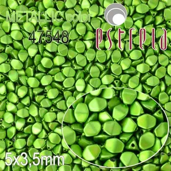 Korálek VOSKOVANÉ korále tvar POHANKA. Velikost 5x3,5mm. Barva METALLIC 47548 MATT (matná zelená hrášková). Balení 20ks na návleku.