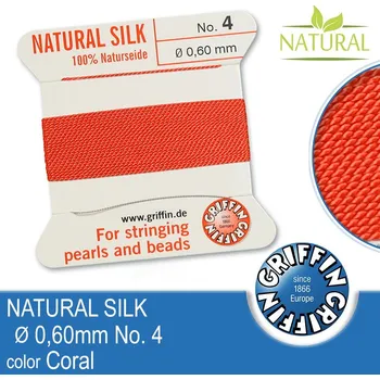 Nit Hedvábná nit s jehlou GRIFFIN síla nitě 0,60mm No.4 délka 2m. Barva Coral