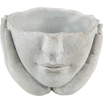 Květináč Šedý cementový květináč hlava ženy v dlaních S - 17*17*11 cm