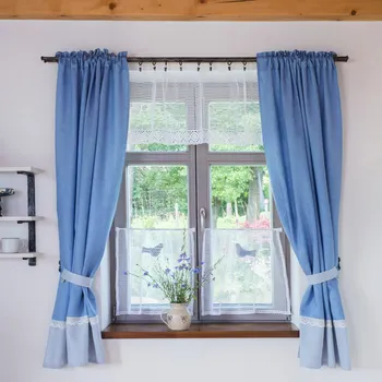 Uchycení záclony a závěsu Lněné závěsy světle modrý kepr melange a proužky 3mm s krajkou Rozměr (šířka/výška): 2x závěs 100/160cm