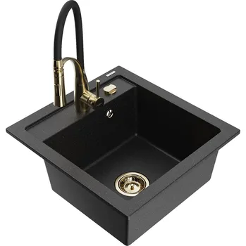 Granitový dřez MEXEN/S - Vito granitový dřez 1-miska včetně baterie Aster, černá/stříbrná metali 6503-73-73450-57-G