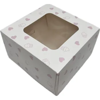 Obalový materiál Dortová krabička s průhledným okénkem bílá se srdíčky 13x13x 7 cm