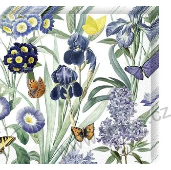 Papírový ubrousek IHR BLUE VELVET papírové dezertní ubrousky modré rozkvetlé květiny a barevní motýlci 20 ks