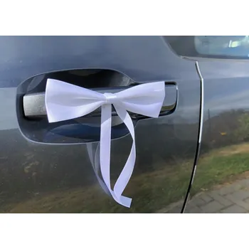 Svatební dekorace Svatba-eshop Saténová mašle bílá se stuhou k nalepení - dekorace na svatební auto