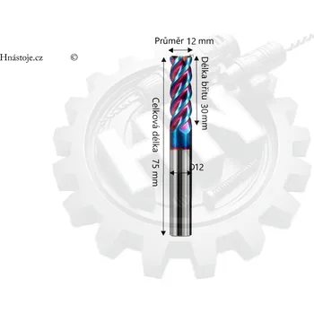Fréza Monolitní tvrdokovová stopková fréza 4-břitá Ø12R1x30xD12x75L 60HRC