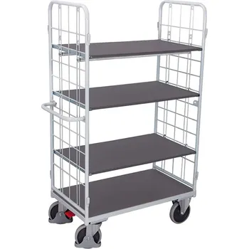 Plošinový vozík Vysoký etážový vozík VARIOfit s dvěma čelními stěnami, čtyři police, 1200 x 800 mm, nosnost 500 kg, barva šedá RAL7035 /deska šedá