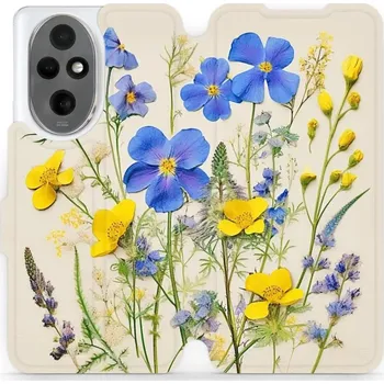 Pouzdro na mobilní telefon Flipové pouzdro Mobiwear - Honor 200 - VP41S Modré a žluté kvítky (Knížkové flip pouzdro, obal, kryt na mobil Honor 200 - VP41S Modré a žluté kvítky, materiál Umělá kůže + TPU - ochrana 360°, stojánek, silikonová vanička, magnetické zavírání)