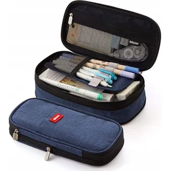 Penál Školní penál dvoupatrový organizér pouzdro s mnoha přihrádkami modrý