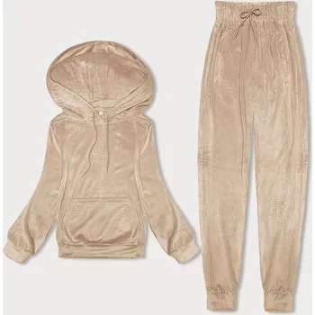 Světle béžová dámská velurová souprava s kapucí (8C1175-159) odstíny béžové XL (42)