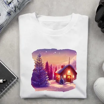 Dámské tričko - Vánoční motiv zasněžená chaloupka Barva: Bílá, Velikost: XL