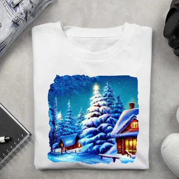 Dámské tričko Dámské tričko - Vánoční motiv stromek s chaloupkou Barva: Bílá, Velikost: XL