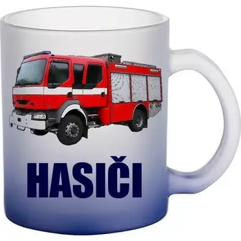 Renault MIDLUM modrý skleněný hrneček HASIČI (hrneček s hasičským autem matné sklo )