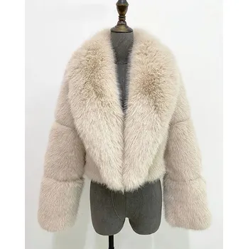 Dámská parka Krátký kožich luxusní se širokým límcem Barva: Khaki, Velikost: XL