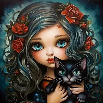 Diamantové malování Diamond painting - Dívka a koťátko