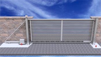 Posuvná brána samonosná, výška 1m (průjezd 3m), pro vlastní výplň, s pojezdy a sloupky. zinek žár