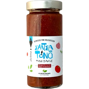 Omáčka ALELMA Fine Delikatessen Omáčka z řeckých rajčátek s bazalkou a tuňákem z ostrova Alonissos 400g ALELMA
