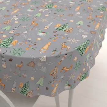 ubrus Vánoční bavlněný oválný ubrus Sandra SA-509 Vánoční skřítci a ozdoby na šedém 50x100 cm