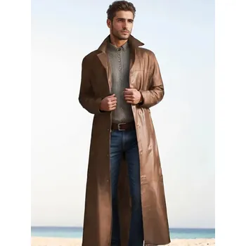 Pánský zimní kabát Pánský dlouhý kožený kabát trenč Barva: Khaki, Velikost: S