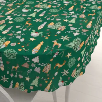 ubrus Vánoční bavlněný oválný ubrus Sandra SA-508 Vánoční skřítci a ozdoby na zeleném 50x100 cm