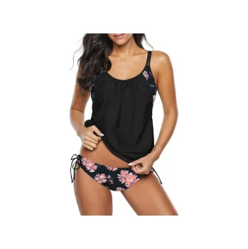 Dámské plavky Durio tankiny push up plavky černé s růžovými květy 42