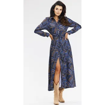 Dámské šaty Maxi košilové šaty se vzorem A665 Barva: Hnědá, Velikost: S