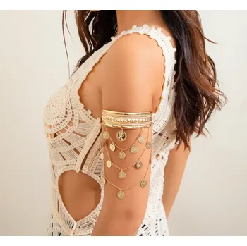 Náramek B-TOP Trendy náramek na paži s vícevrstvými řetízky s mincemi Druh barvy: Zlatá