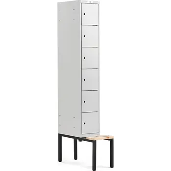 Šatní skříň Boxová šatní skříň CLASSIC, s lavicí, 1 sekce, 6 boxů, 2120x300x550 mm, šedé dveře