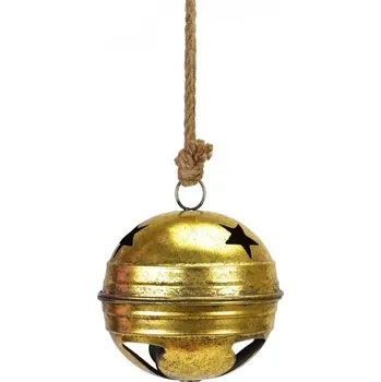 Vánoční dekorace Kovová rolnička zlatá s patinou na jutovém provaze 19x20x48 cm