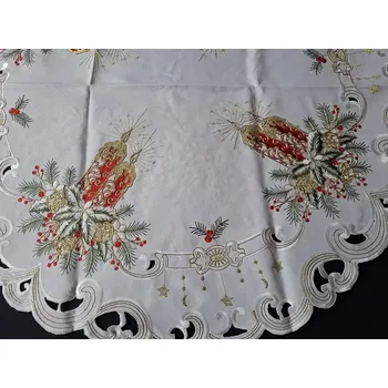 ubrus UBRUS vyšívaný prům. 85cm vánoční šampáňo + červená svíčka