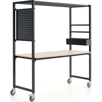 Dílenský stůl Mobilní multifunkční stůl TEAMWORK, box na příslušenství, perforovaný panel, antracitová/bříza