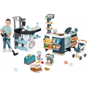 Dětská kuchyňka Set prádelna s pračkou s předním plněním a obchod Super Market Wash&Clean Laundry Smoby s elektronickým vysavačem a spotřebiči
