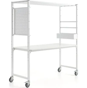 Dílenský stůl Mobilní multifunkční stůl TEAMWORK, box na příslušenství, perforovaný panel, bílá