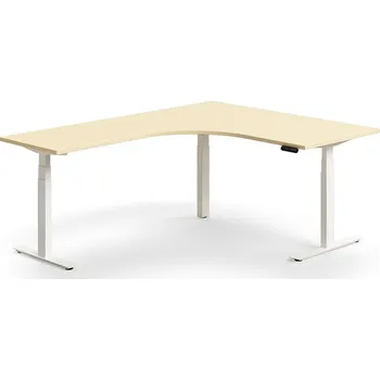 Psací stůl Výškově nastavitelný stůl QBUS, rohový, 1600x2000 mm, bílá podnož, bříza