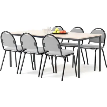 Jídelní stůl Jídelní sestava JAMIE + WARREN, stůl 1800x800 mm, bříza + 6 židlí, šedá/černá