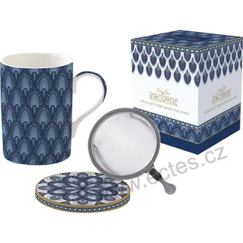 Easy Life ART DECO BLUE porcelánový čajový hrnek s víčkem a nerezovým sítkem modré ornamenty *ATMOSPHERE* 350ml