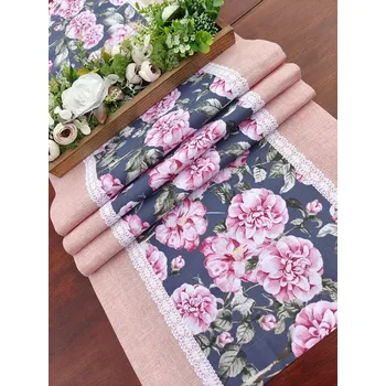 ubrus Běhoun - růže na modrošedém podkladu se starorůžovou