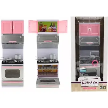 Doplněk pro panenku Kuchyňka s doplňky plast na baterie se světlem se zvukem v krabici 18x36x8 cm