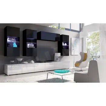 Nábytek Obývací stěna Bralani V, Barva: černá + černá lesk / bílá + bílá lesk, Osvětlení: bez osvětlení MIRJAN 5902928004403