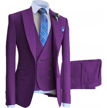 Luxusní svatební oblek na svatbu s dvouřadou vestou Barva: Fialová, Velikost: XL