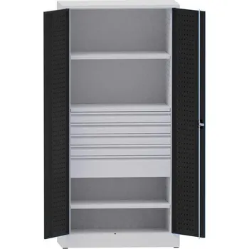 Dílenská skříň na nářadí, v x š x h: 1950x950x500 mm, perforované panely, 2 x police, 5 x zásuvka, barva šedá RAL7035 /antracit RAL7016