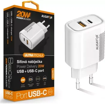 Chytrá nabíječka do sítě ALIGATOR Power Delivery 20W - USB-C + USB výstup, bez kabelu (lze použít i pro iPhone 12, 13, 14) bílá (Chytrá síťová nabíječka ALIGATOR Power Delivery 20W, USB-C + USB-A)